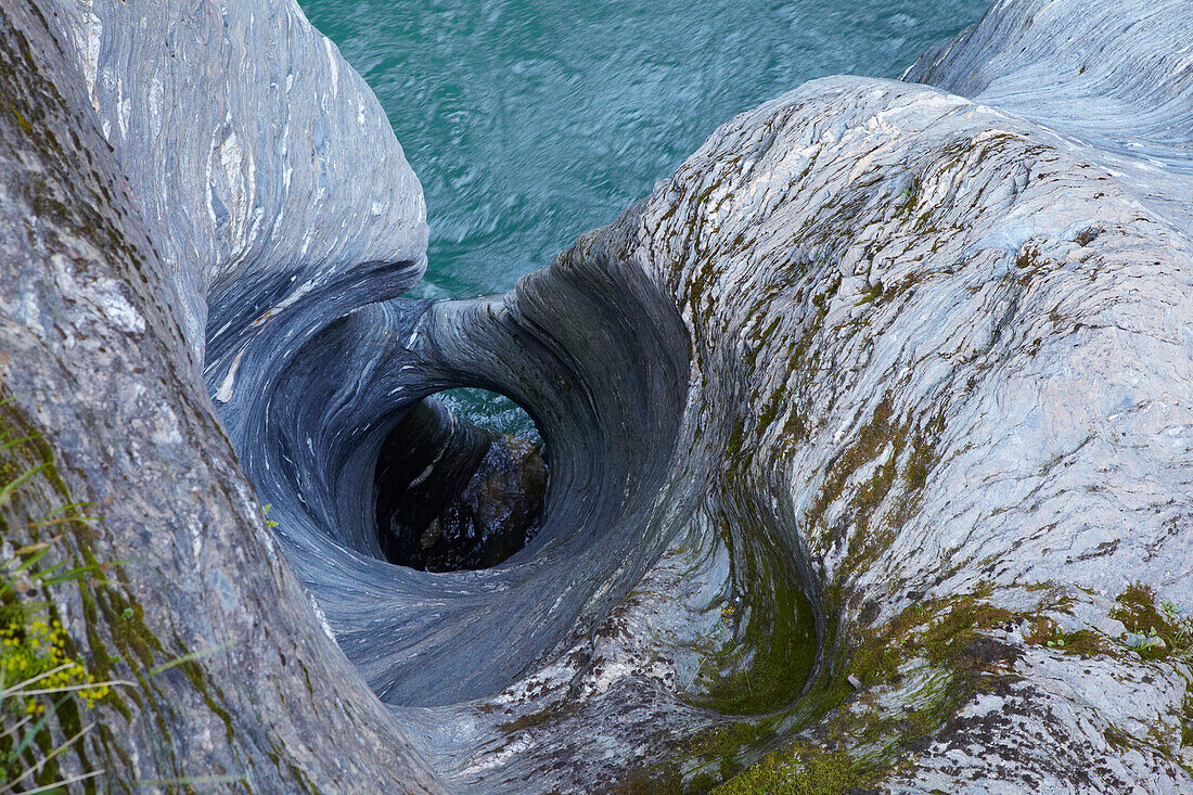 View into the Viamala Gorge, Swirl pothole, Hinterrhein, Rhine, Canton of Grisons, Switzerland, Europe