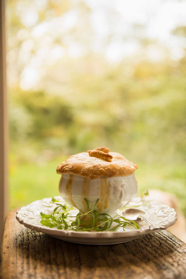 Plate of baked pie and herbs, Richmond, VA, USA
