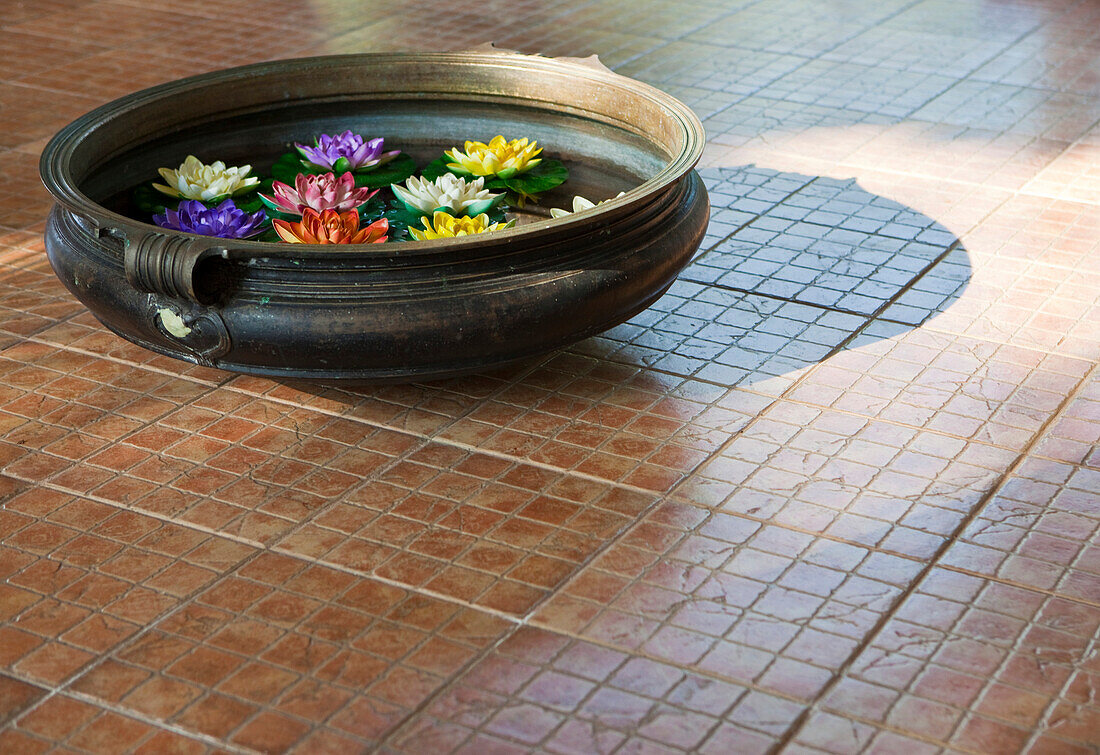 Water Bowl With Flowers on Tile Floor, Alleppey, Kerala, India