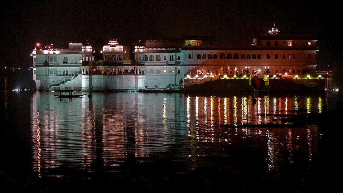Lake Palace at Night With Lights Reflecting in Water, Udaipur, Rajasthan, India