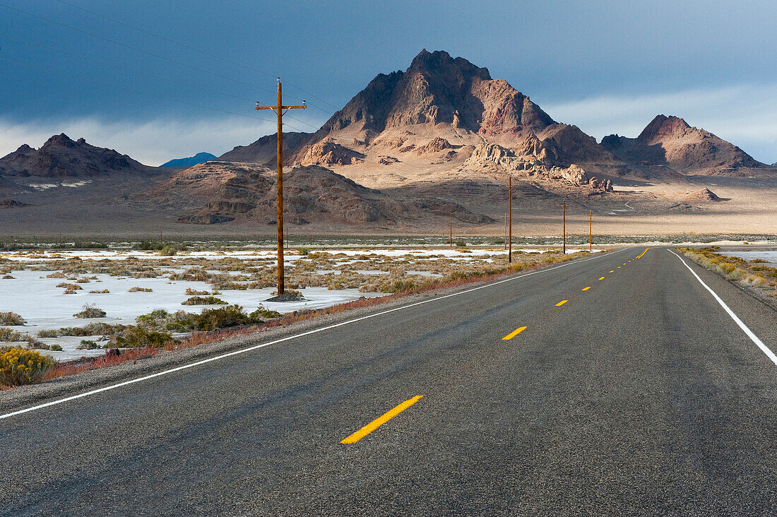 Two Lane Highway Passing Through the Desert, Bonneville Salt Flats, Utah, USA