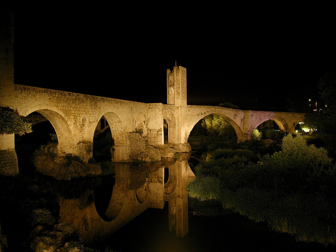 Ancient Stone Bridge At Night, Besalu, Catalonia, Spain