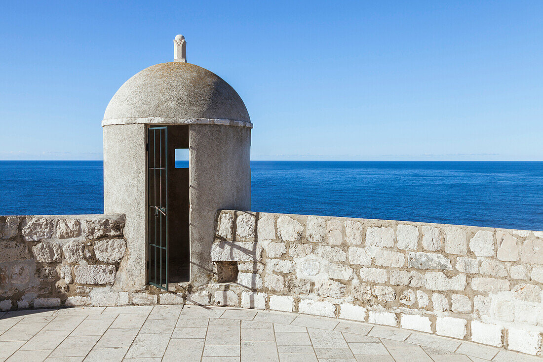 An outpost overlooking the Adriatic Sea on the old city wall in Dubrovnik, Dubrovnik, Croatia