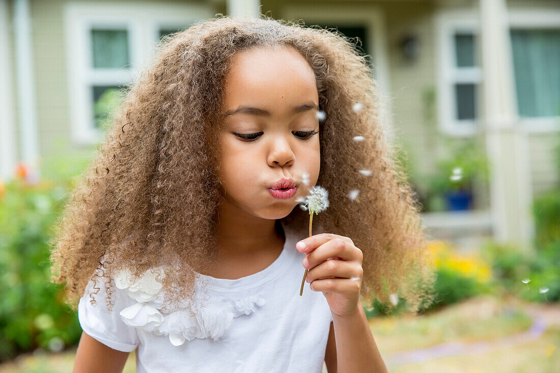 Mixed race girl blowing dandelion seeds, Portland, OR, USA