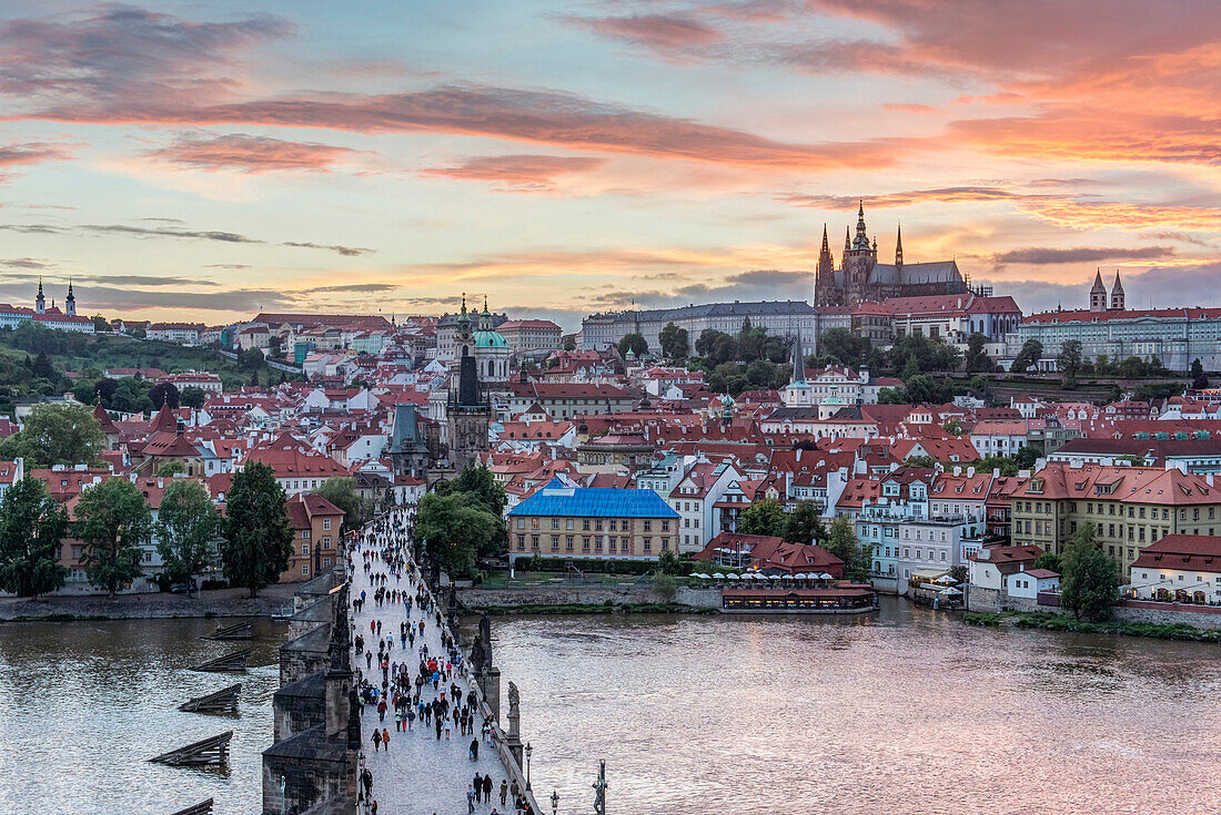 Charles Bridge, Prague Castle and cityscape at sunset, Prague, Czech Republic, Budapest, Central Hungary, Hungary