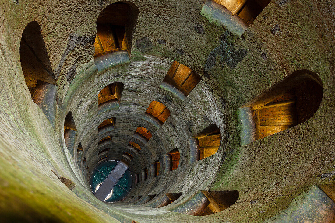 view downwards, Pozzo di San Patrizio, well, shaft, water supply, from the 16th century, architecture, double helix ramps, staircase, bridge, water, Orvieto, hilltop town, province of Terni, Umbria, Italy, Europe