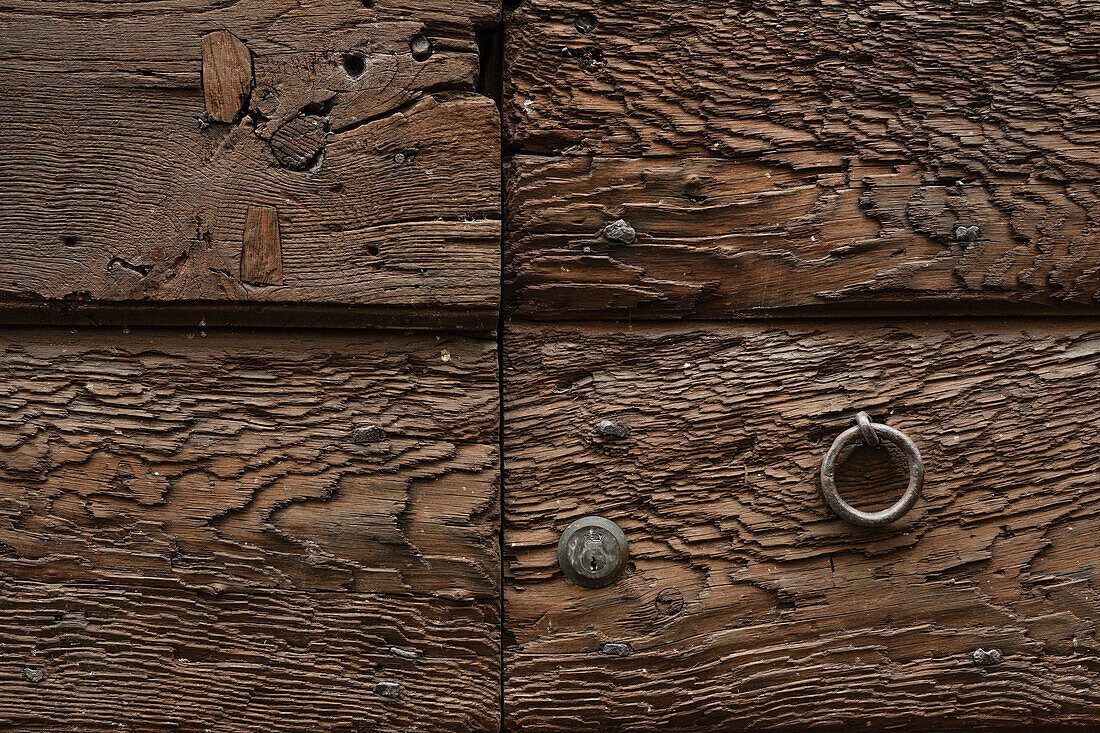 Close up of a wooden door, Orvieto, hilltop town, province of Terni, Umbria, Italy, Europe