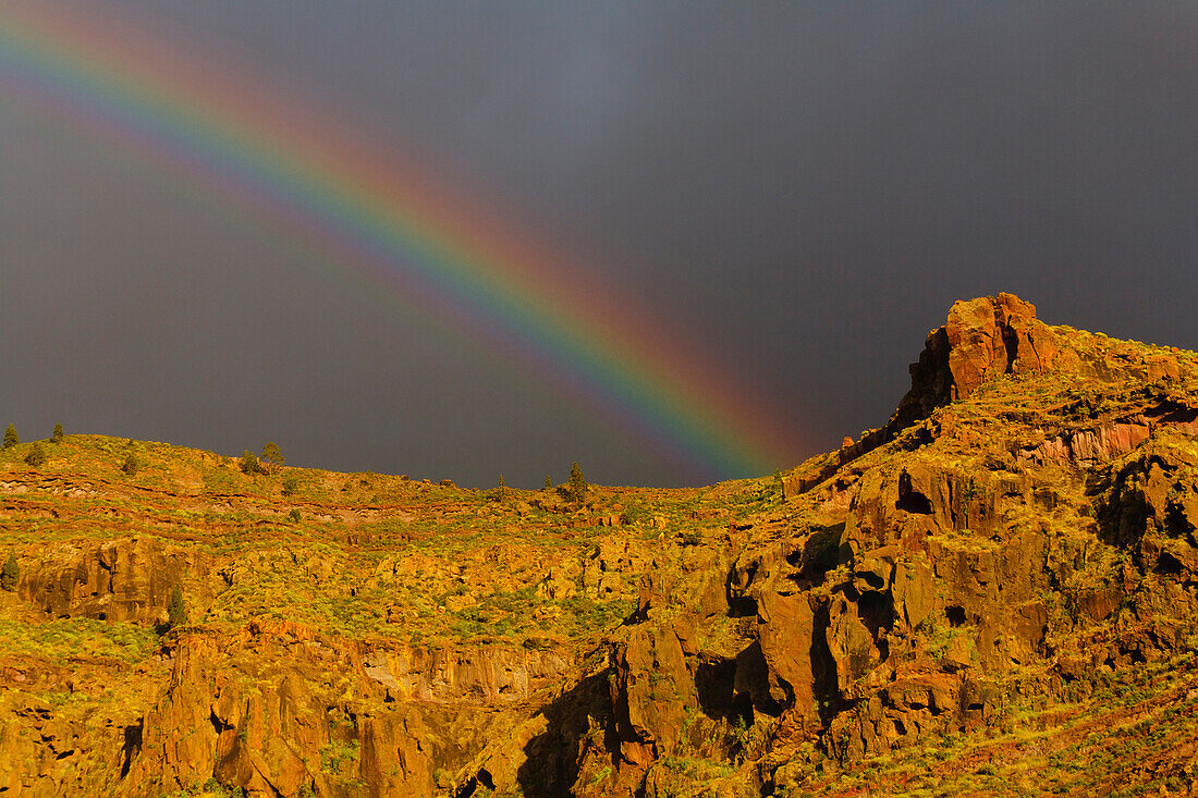 Regenbogen über Fels, Gebirge, Tal von El Risco, bei Agaete, Naturschutzgebiet, Naturpark Tamadaba, UNESCO Biosphärenreservat, Westküste, Gran Canaria, Kanarische Inseln, Spanien, Europa