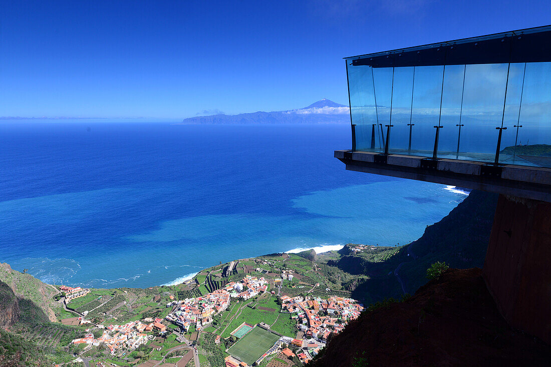 View from Mirador Abrante over Agulo to Mount Teide in background, La Gomera, Canary Islands, Spain