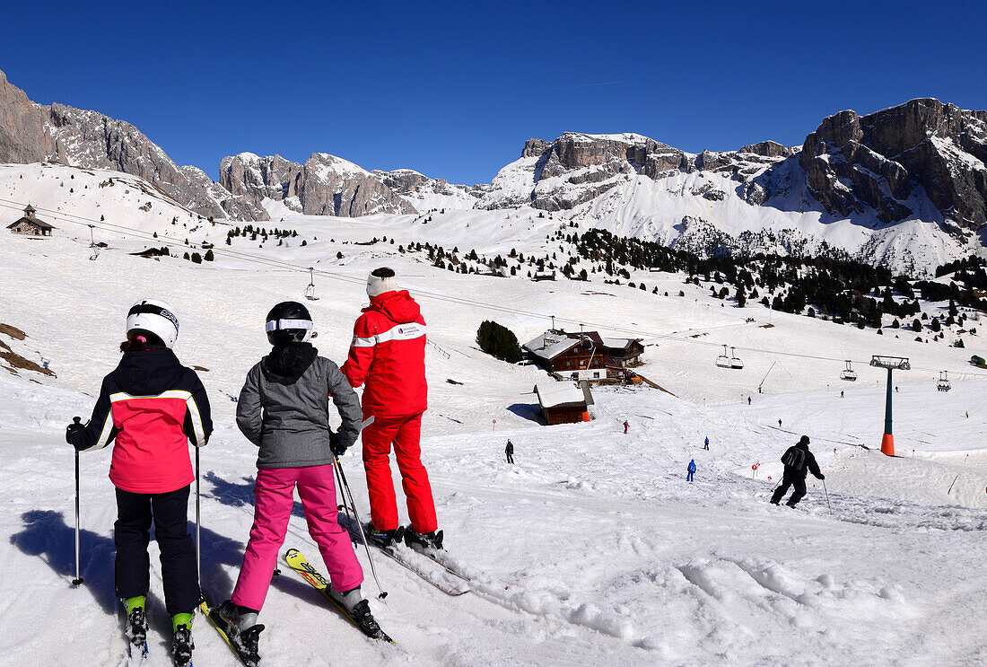 Ski resort Seceda Col Reiser with Sella over St. Cristina, Val Gardena, Groedner valley in winter, South Tyrol, Italy