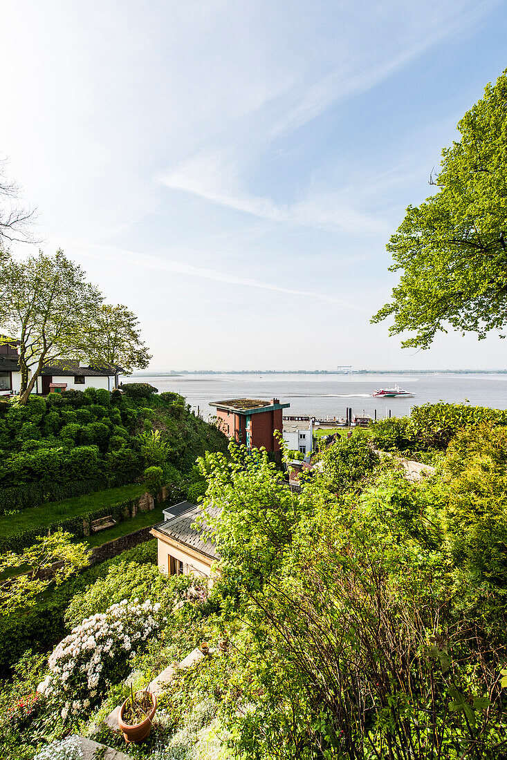 Houses with view of the Elbe in the Treppenviertel of Blankenese, part of Hamburg, Germany
