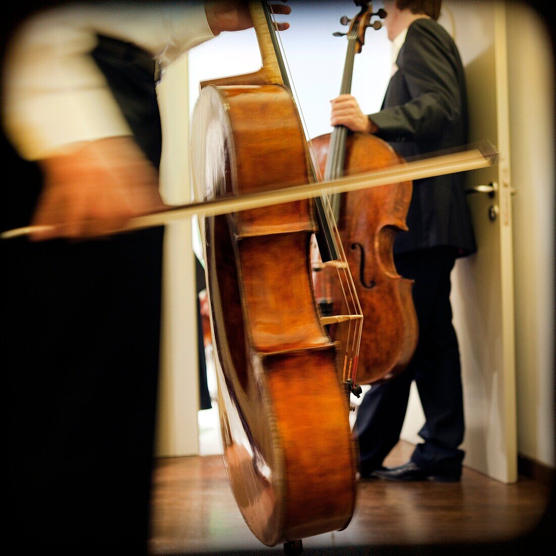 Musicians cellist in an orchestra rehearsing with their cellos before entering the stage of a theater