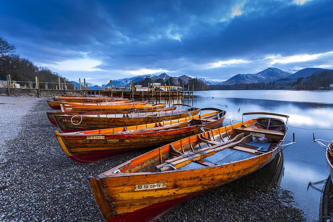 rowing boats, keswick,derwent water,lake district,cumbria,england,uk,europe.