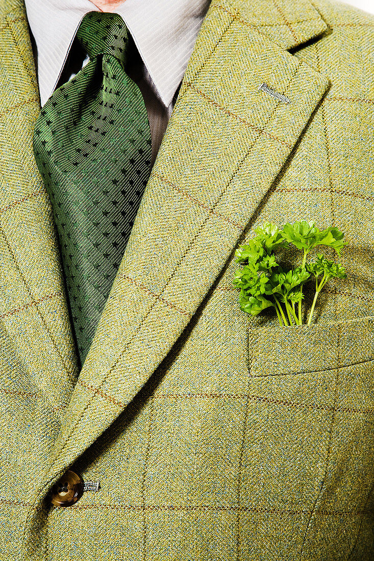 Green checked suit jacket with parsley in pocket
