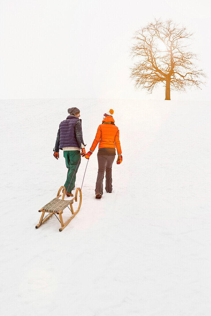 Couple pulling toboggan in snow