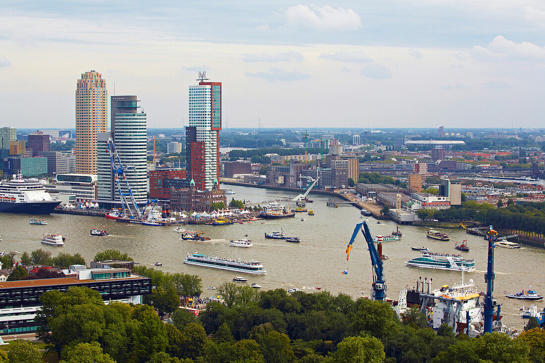 View from the Euromast Tower towards the Harbour, Hotel New York and the new passenger ship Rotterdam, Skyline, Rotterdam, Province of Southern Netherlands, South Holland, Netherlands, Europe