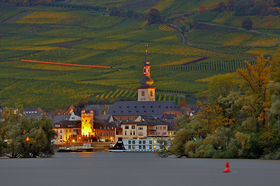 View across the river Rhine to vineyards, Adlerturm and the church St. Jakobus in Rudesheim, Mittelrhein, Middle Rhine, Hesse, Germany, Europe