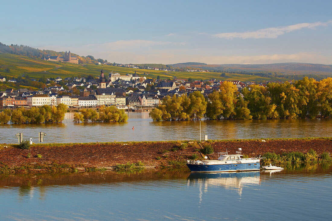 Blick über den Rhein auf Weinberge, St. Jakobuskirche, Kloster St. Hildegard, Rüdesheim, Mittelrhein, Hessen, Deutschland, Europa