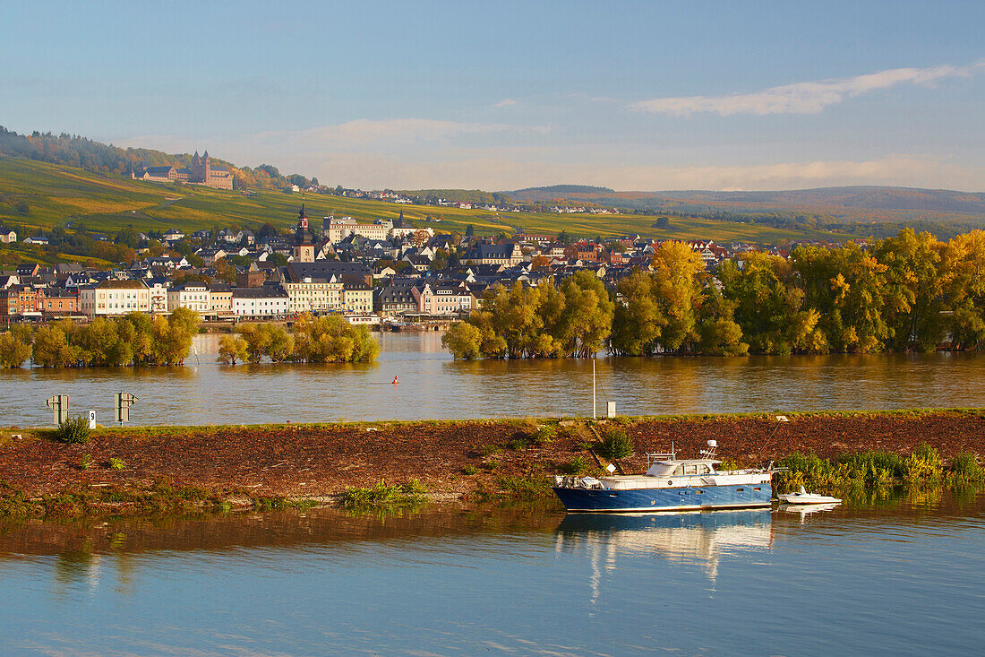 View across the river Rhine to vineyards, St. Jakobus Church, St. Hildegard cloister, Rudesheim, Mittelrhein, Middle Rhine, Hesse, Germany, Europe