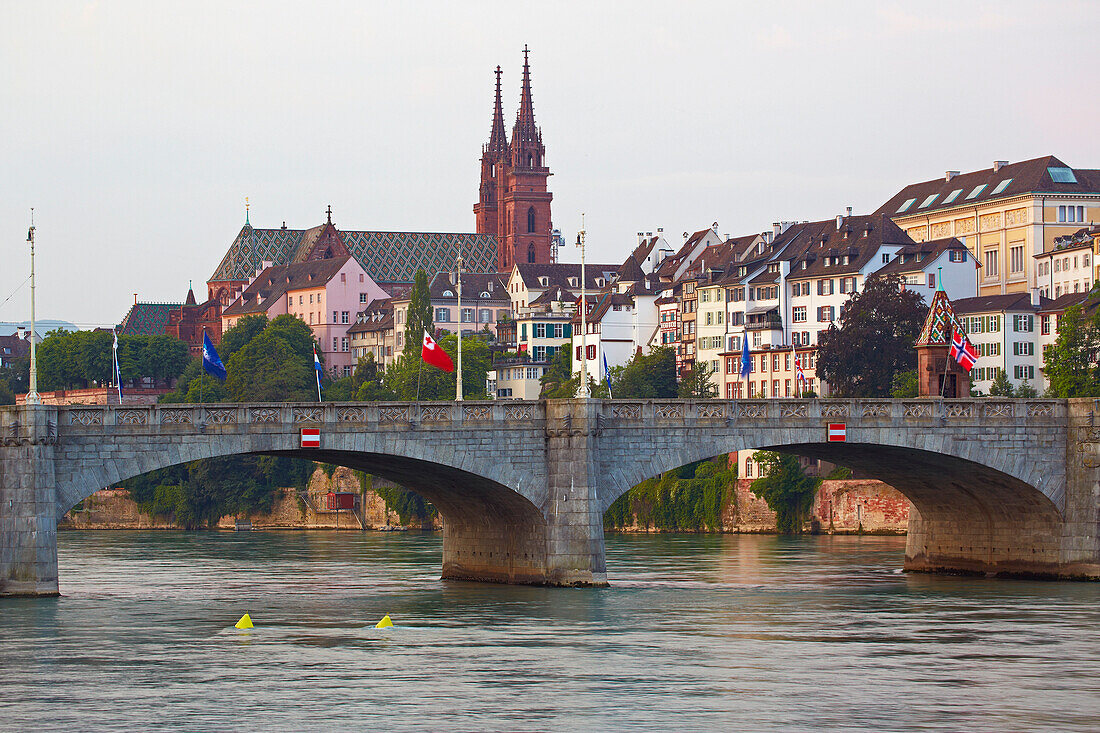 View across the river Rhine to the bridge, Mittlere Buecke and the Minster, Basel, Switzerland, Europe