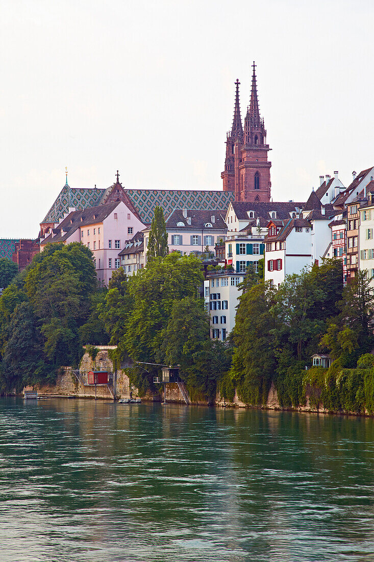 View across the river Rhine to the Minster, Basel, Switzerland, Europe