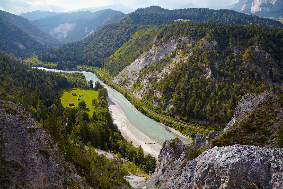 View into the Rheinschlucht, Ruinaulta canyon, Vorderrhein, Rhine, Canton of Grisons, Switzerland, Europe