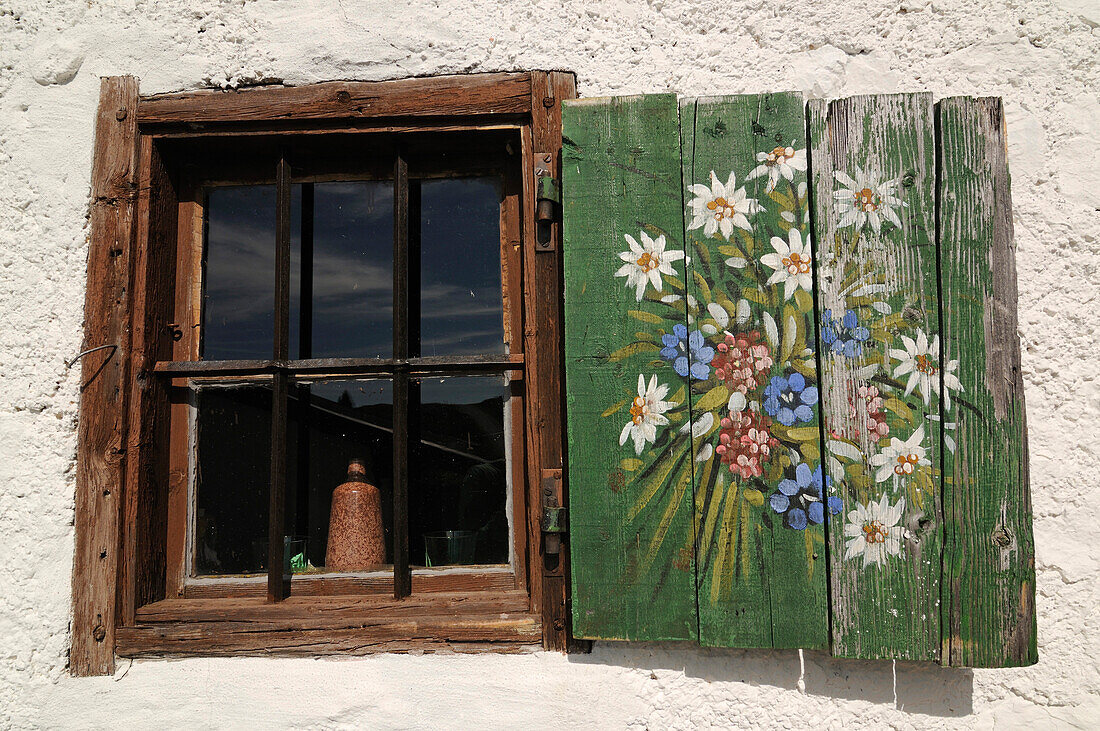 Window shutter of a mountain hut, Eggenalm, Waidring, Tyrol, Austria