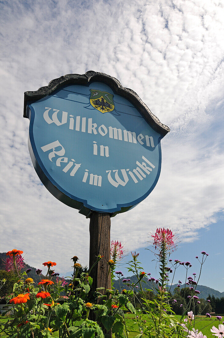 Welcome sign, Reit im Winkl, Chiemgau, Upper Bavaria, Germany