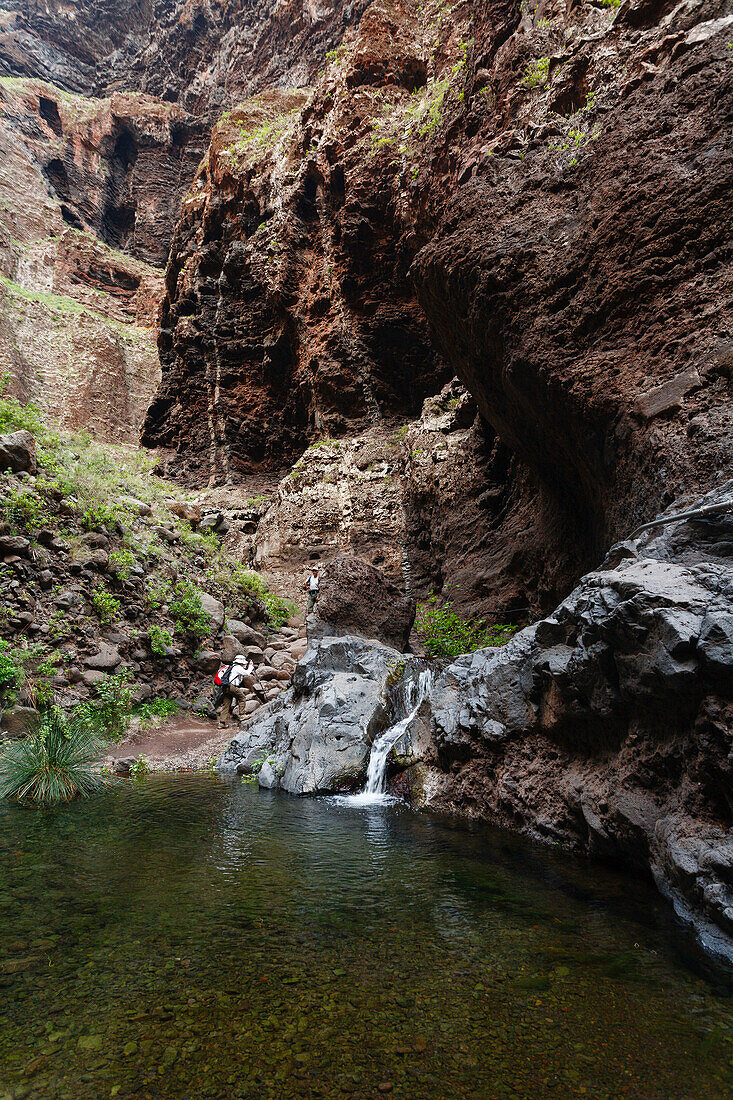 Wanderer läuft am Bach entlang, Wasserfall, Felsen, Barranco de Masca, Masca Schlucht, Parque Rural de Teno, Naturschutzgebiet, Teno Gebirge, Teneriffa, Kanarische Inseln, Spanien, Europa