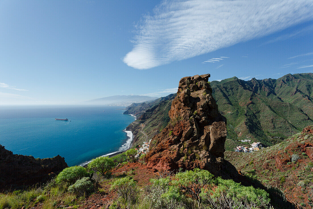 view from Igueste de San Andres to Santa Cruz and Teide mountain, Las Montanas de Anaga, natural preserve, Parque Rural de Anaga, coastline, Atlantic ocean, Tenerife, Canary Islands, Spain, Europe