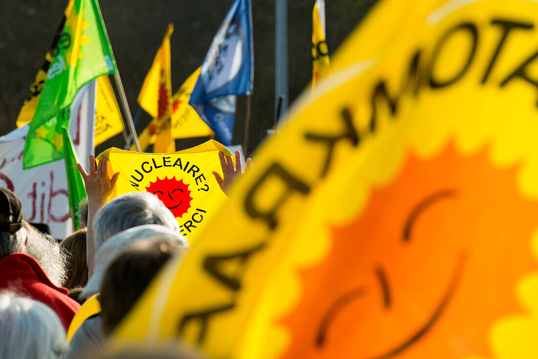 Demonstration against nuclear power in front of the atomic power plant Fessenheim, Fessenheim, Alsace, France