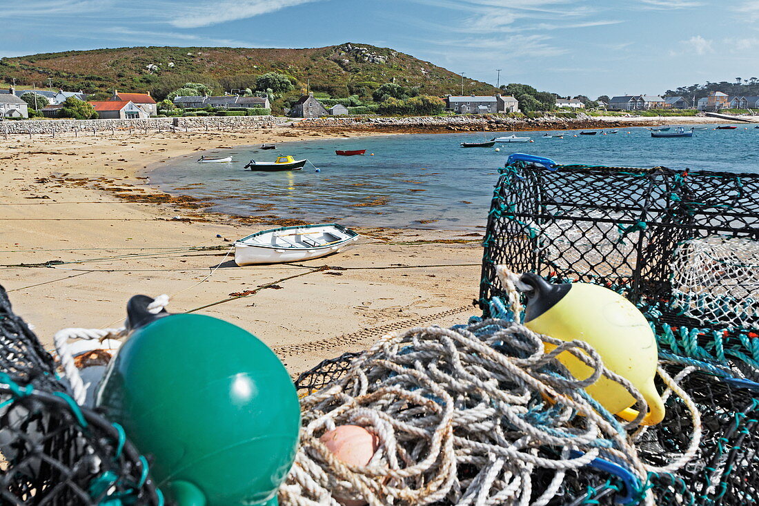 Lobster pots, Highwater Landing, New Grimsby, Tresco, Isles of Scilly, Cornwall, England, Great Britain