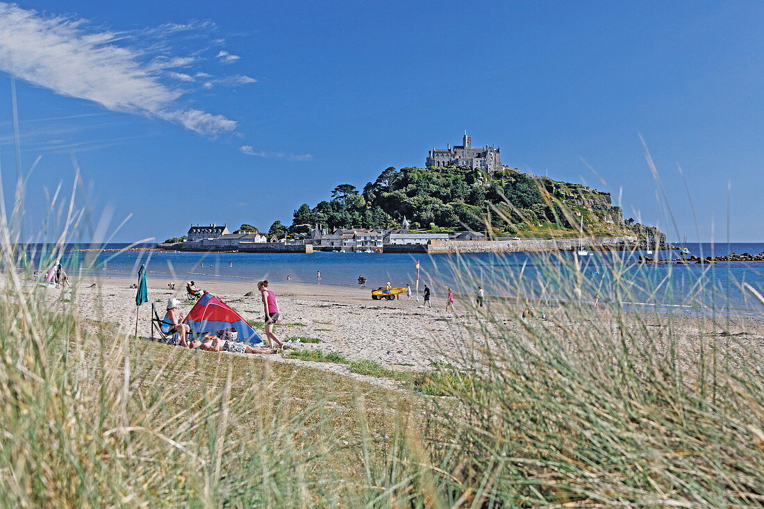 People on the beach, St. Michael's Mount, Cornwall, England, Great Britain