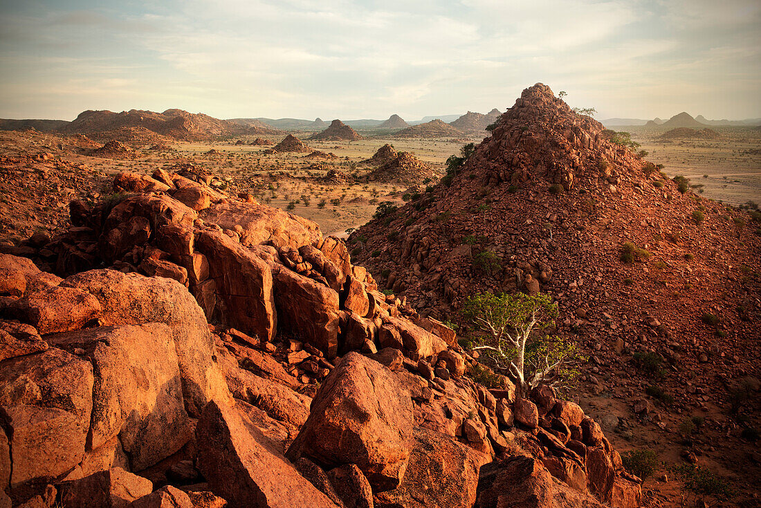 Blick in die Ferne aus zahlreiche Felshügel im Damara Land bei Sonnenuntergang, typische Landschaft, Damaraland, Namibia, Afrika