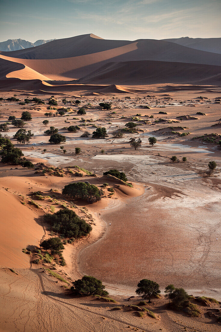 Heightened view of clay pan (so called Vlei) and red sand dunes around Sossusvlei, Namib Naukluft National Park, Namibia, Namib desert, Africa