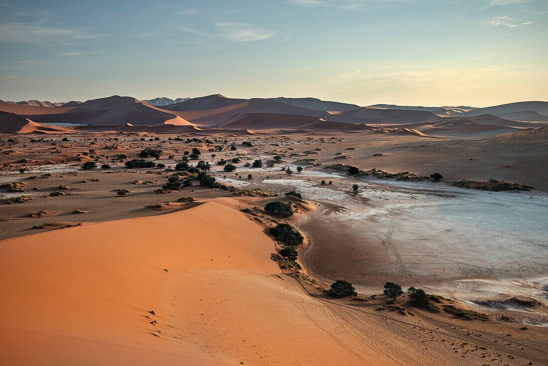 Vogelperspektive auf Tonpfanne sog. Vlei und rote Sand Dünen bei Sossusvlei, Namib Naukluft Park, Namibia, Namib Wüste, Afrika
