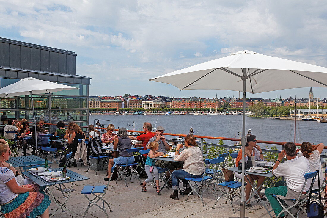Bistro Terrace in Moderna Museet and view of the houses along Strandvaegen, Stockholm, Sweden