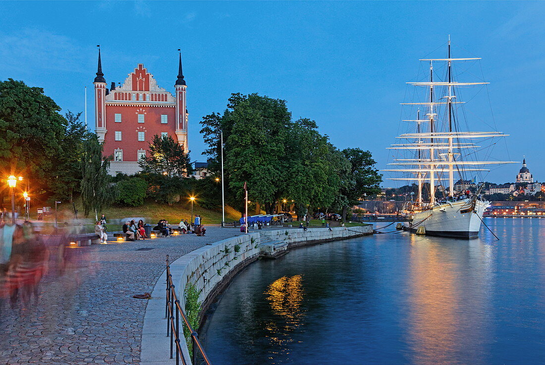 Historic Tall Ship on the quay at Skeppsholmen and Amiralitetshuset, Stockholm, Sweden