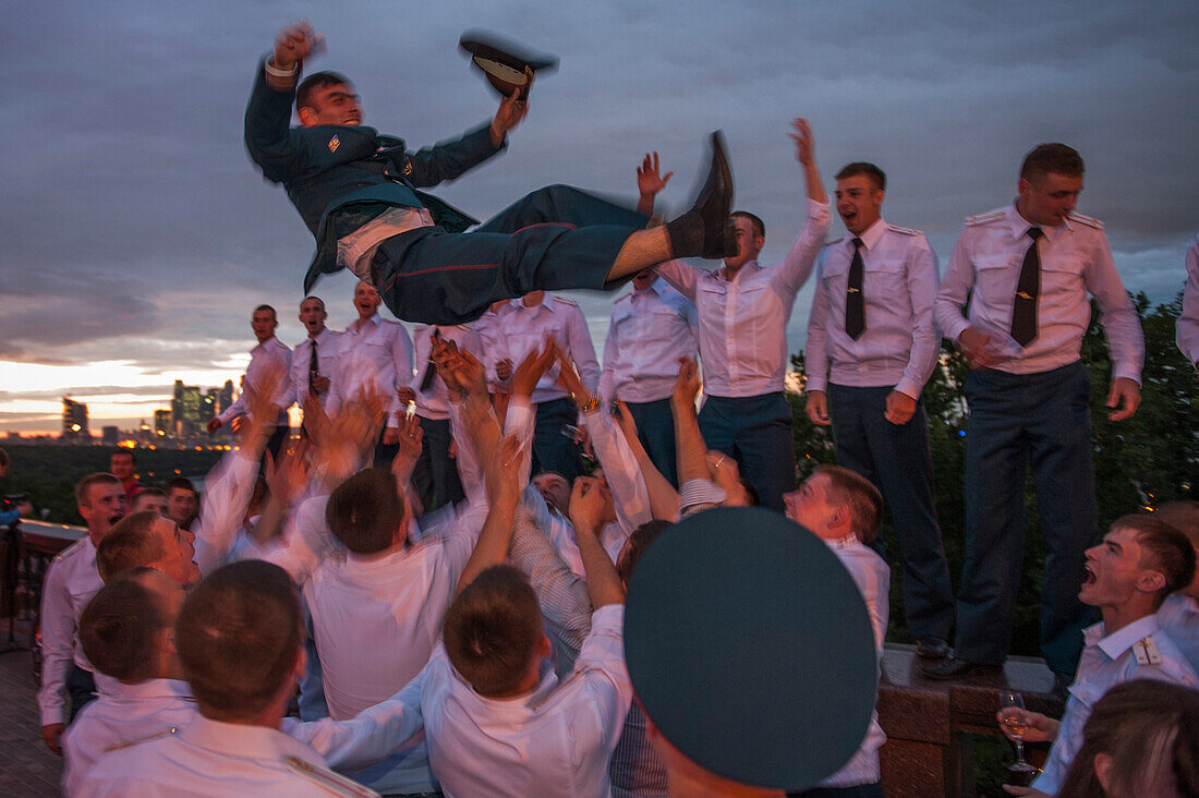 Military academy officers celebrating graduation, Sparrow Hills, Moscow, Russia