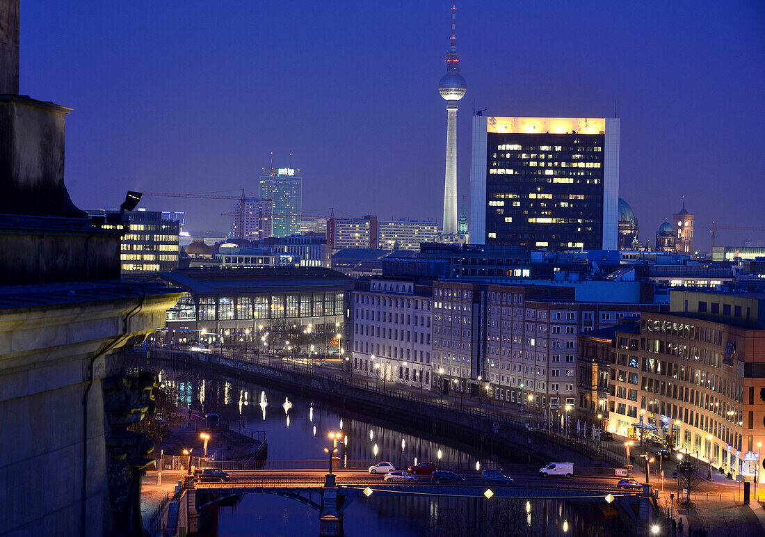 View to Berlin Mitte from the Reichstag building at night, Berlin, Germany