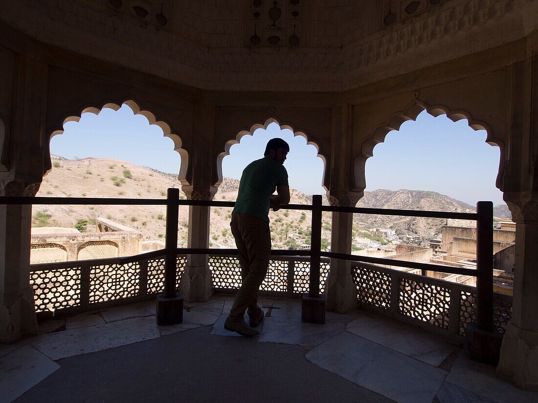View from the balcony of historic structure in Jaipur, Rajasthan, India.