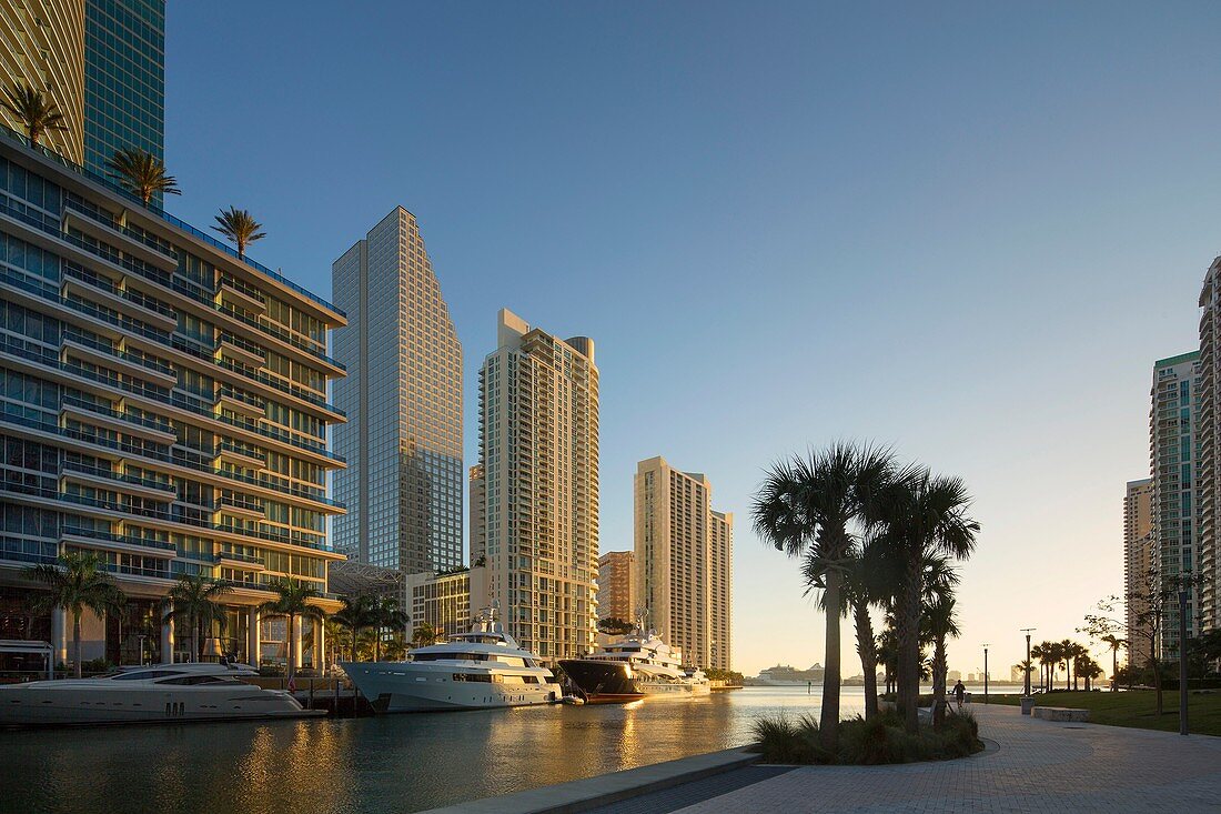 'sunrise on Miami River skyline sunrise, Miami, FL (Epic Hotel, left; Bayfront & Intercontinental, center).'