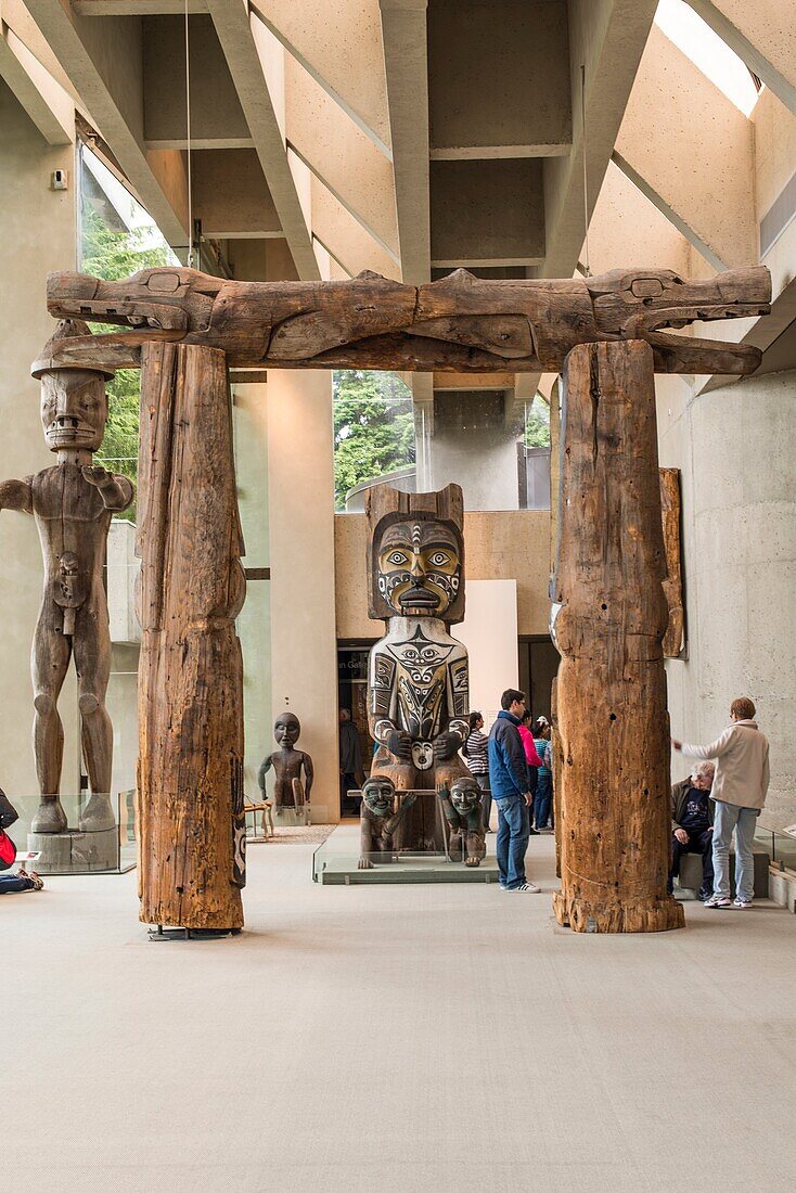 Northwest Coast nations art in the Great Hall of the Museum of Anthropology at the Univeristy of British Columbia, Vancouver, BC, Canada.