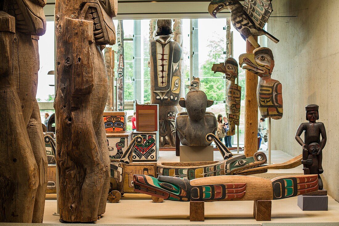 Northwest Coast nations art in the Great Hall of the Museum of Anthropology at the Univeristy of British Columbia, Vancouver, BC, Canada.