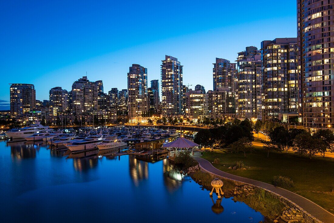 apartment buidings on the north shore of False Creek at night, Vancouver, BC, Canada.