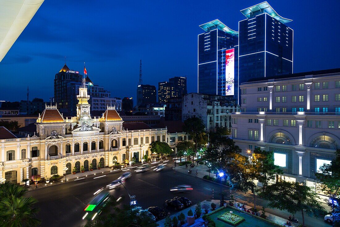 The Saigon, Ho Chi Minh City skyline illuminated at night, Vietnam, Asia.
