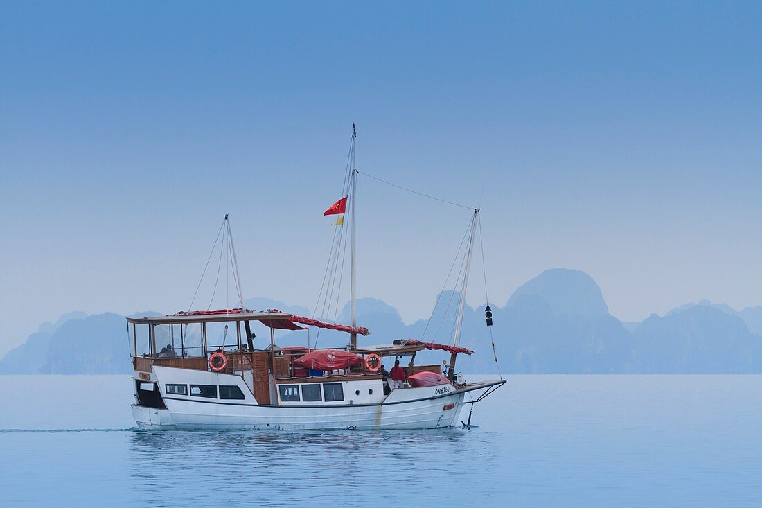 Tourboats and limestone karsts and small islands in Ha Long Bay, Vietnam, Asia.