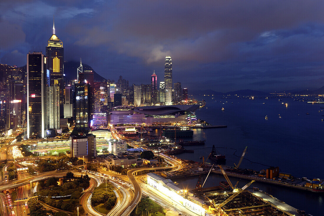 View from above to the coast line of Hong Kong Island, Causeway Bay and Central, Hong Kong, China, East Asia.