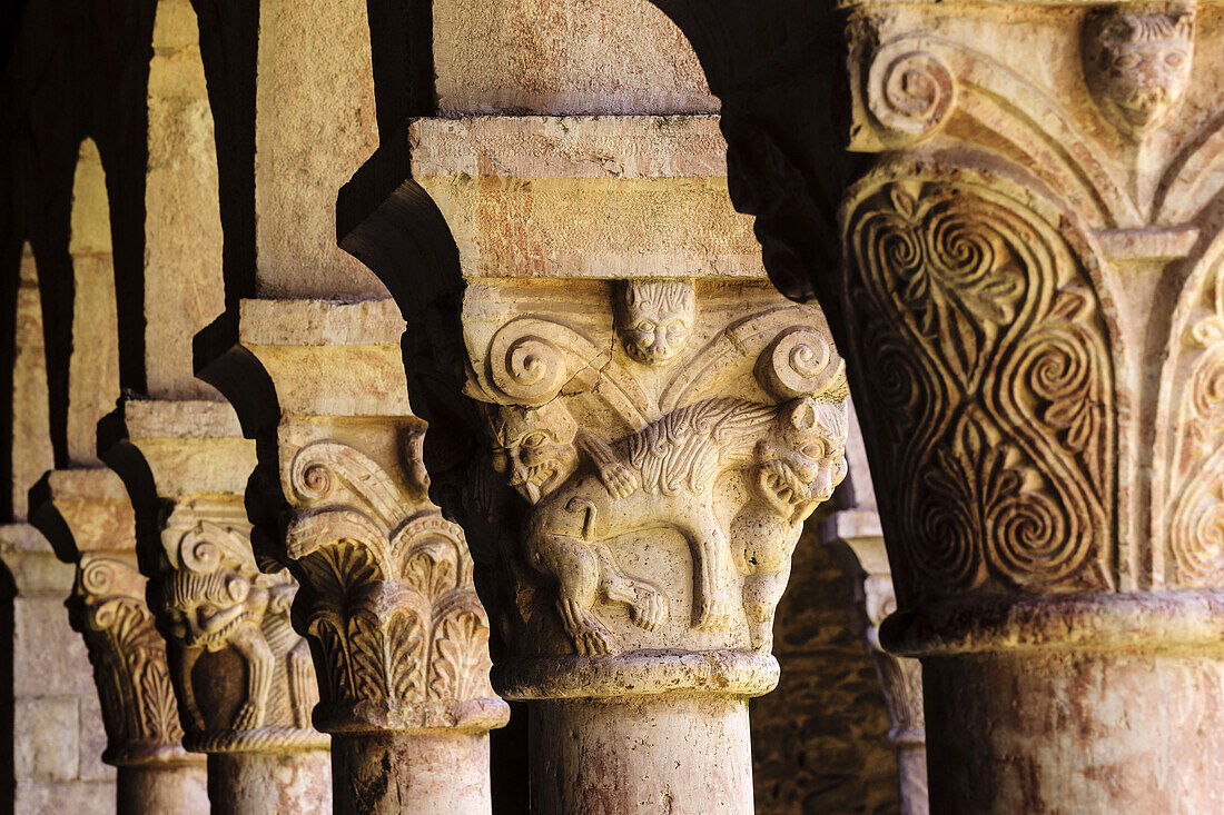 columnas y capiteles,claustro del siglo XII, monasterio benedictino de Sant Miquel de Cuixa , año 879, pirineos orientales,Francia, europa.