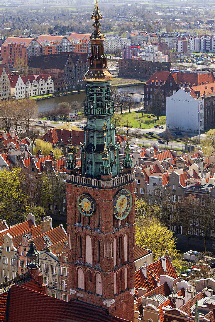 Poland, Gdansk, Old Town. The tower of the Town Hall as seen from St. Mary`s church.